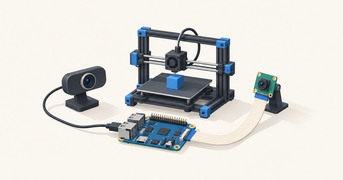 A 3D printer with a blue cube on its bed, wired to a Raspberry Pi-style board connected to a USB webcam and a ribbon-cable Pi camera module.