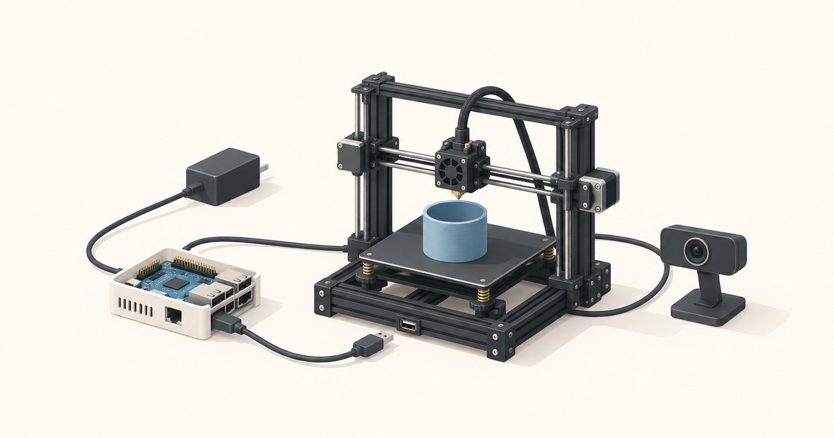 A 3D printer printing a blue cylinder, with a Raspberry Pi in a white case, a power adapter, a webcam, and an unplugged USB cable lying loose beside it.