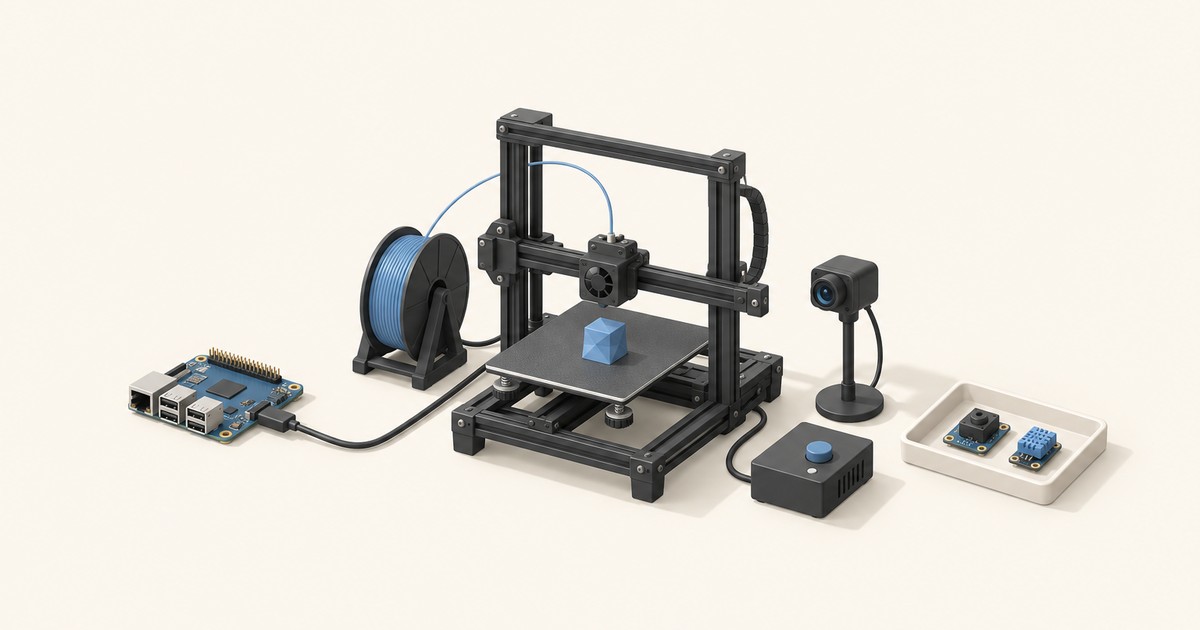3D printer with a blue filament spool and printed cube, wired to a single-board computer, a webcam, a push-button box and a tray of small sensor modules