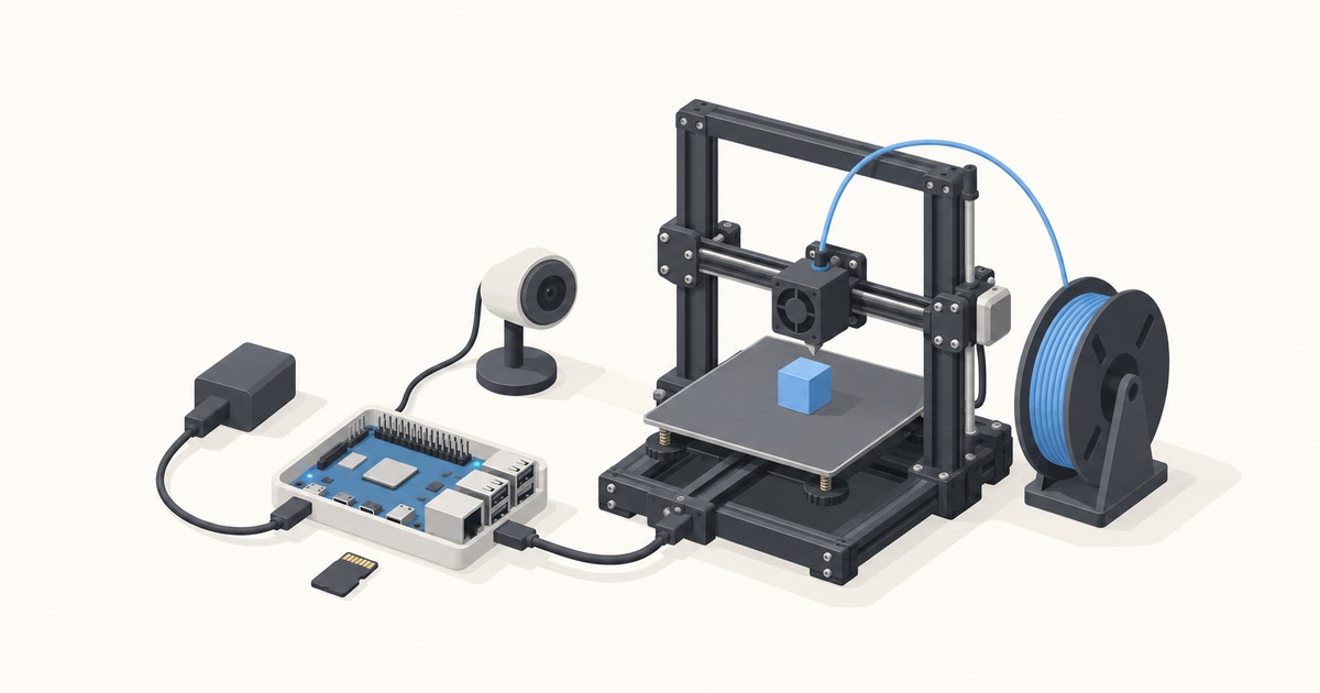 Isometric drawing of a Raspberry Pi in a white case wired to a power adapter, webcam, microSD card and a 3D printer with a blue filament spool.