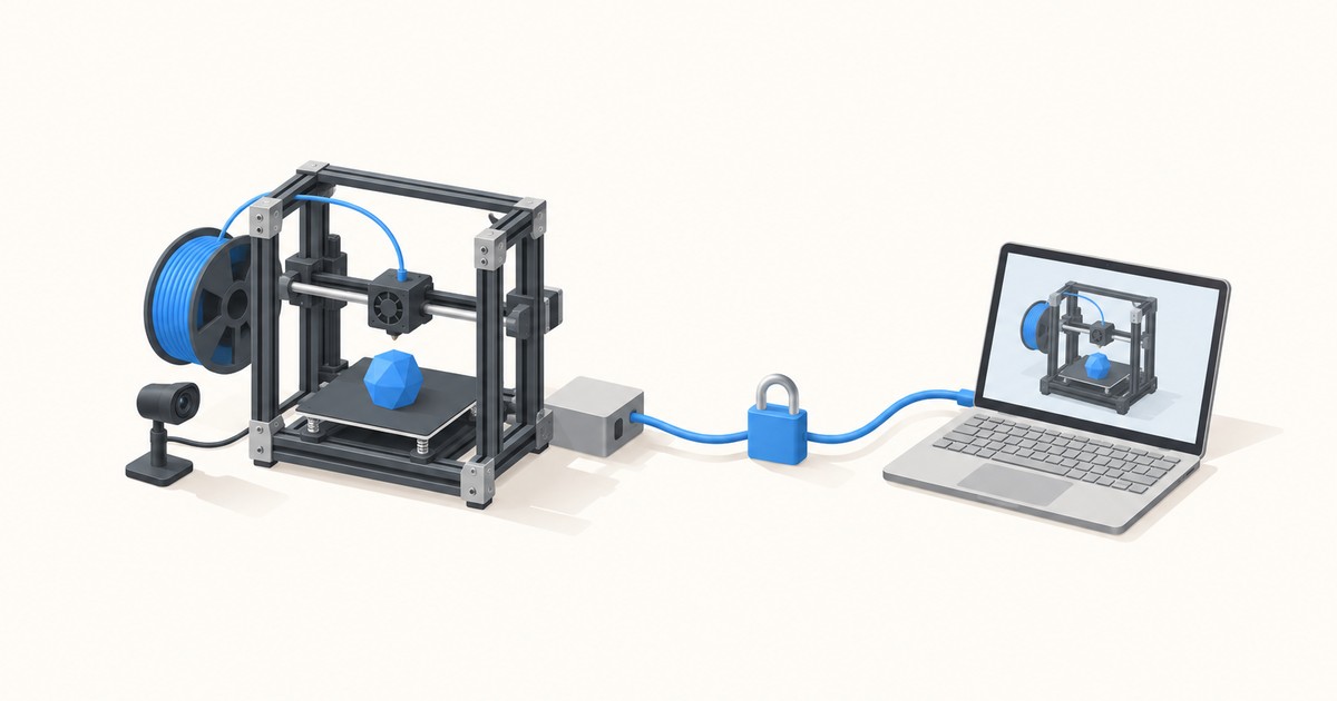 3D printer with blue filament and webcam linked by a cable through a padlock to a laptop showing the printer, depicting secure remote access