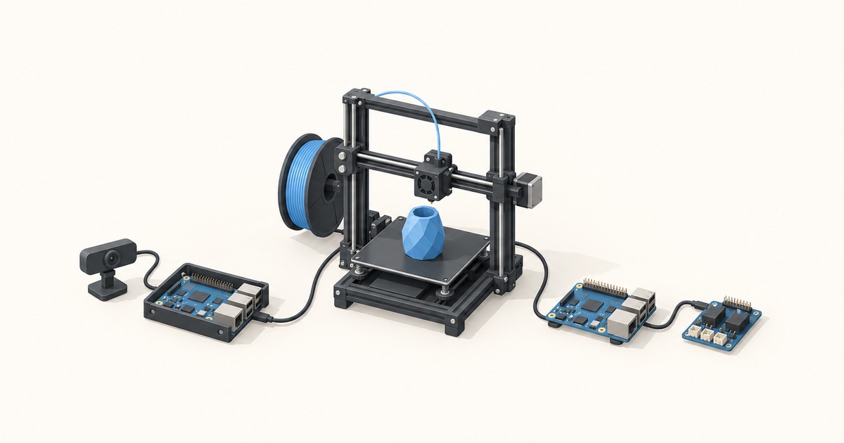 3D printer with a blue filament spool and blue vase print, cabled to a single-board computer with a webcam on the left and to another board with an add-on module on the right